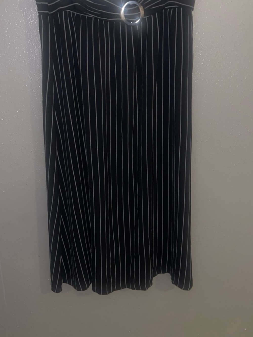 Black Pinstripe Belted Maxi Skirt with Silver Ring
